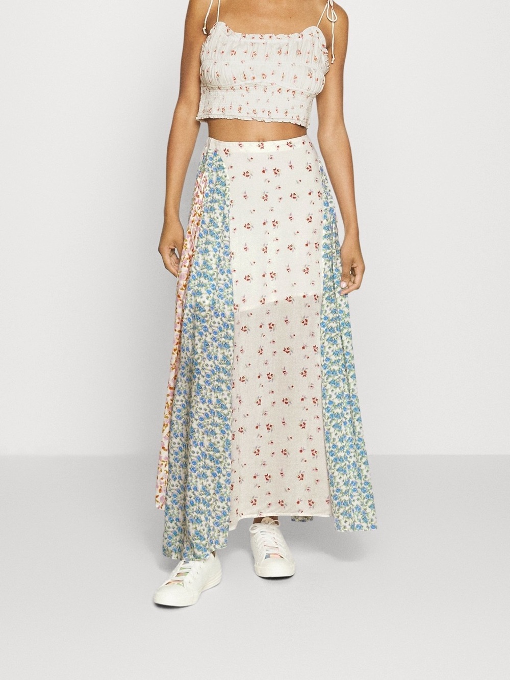 Free People Floral Patchwork Maxi Skirt in Cream, Blue and Pink- Size XS